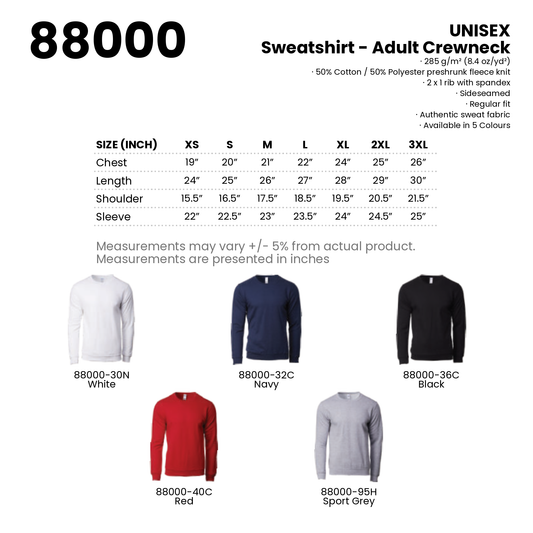 Sweatshirt - Adult Crewneck | Unisex | 285gsm | 88000 | Artiztee | Collection | Size Chart