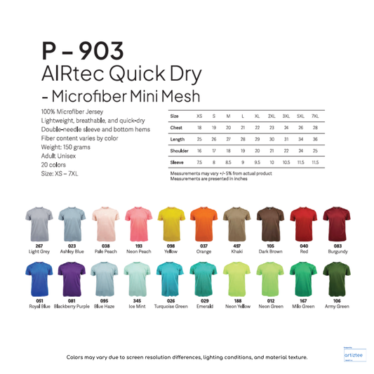 T-Shirt AIRtec Quick Dry Microfiber Mini Mesh Unisex 150gsm P903 Artiztee Collection Size Chart