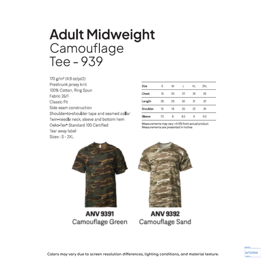 T-Shirt Camouflage Tee Adult Midweight Unisex 170gsm ANV939 Artiztee Collection Size Chart