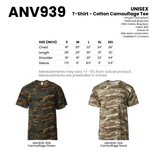 T-Shirt - Cotton Camouflage Tee | Adult Midweight | Unisex | 170gsm | ANV939 | Artiztee | Collection | Size Chart