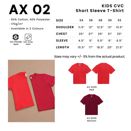 AX02 kids size chart for sizes 24 to 32 with shoulder, chest, sleeve and length measurements, plus both available colours in 60% cotton 40% polyester 170gsm