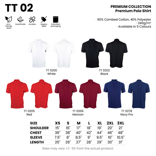 TT 02 size chart and all 5 colourways with codes and names