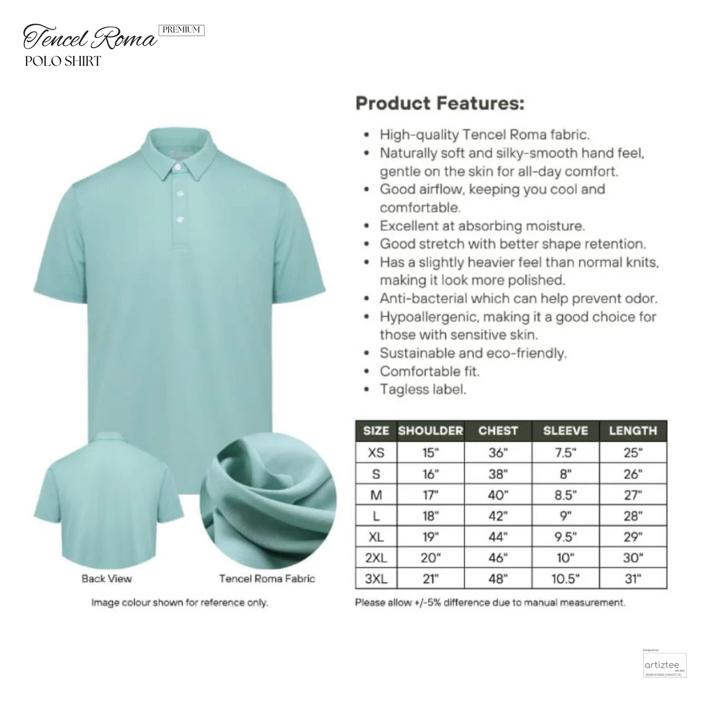 Premium Tencel Roma Polo Shirt | Size Chart | TT03