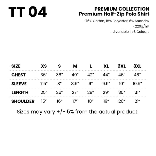 TT04 size chart from XS to 3XL with measurements