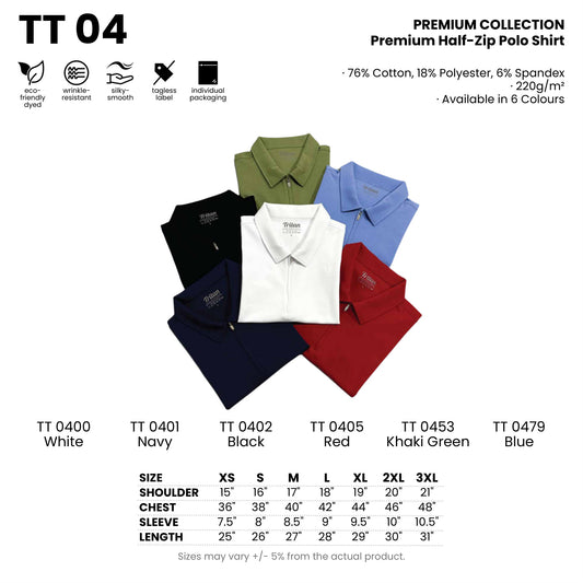TT 04 size chart and all 6 colourways with codes and names