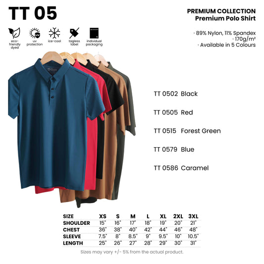 TT 05 size chart and all 5 colourways with codes and names