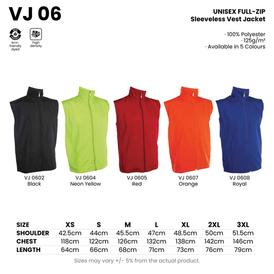 VJ 06 size chart and all 5 colourways with codes and names