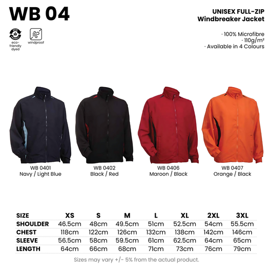 WB 04 size chart and all 4 colourways with codes and names