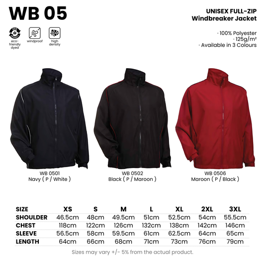 WB 05 size chart and all 3 colourways with codes and names