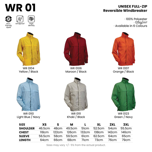 WR 01 size chart and all 6 colourways with codes and names