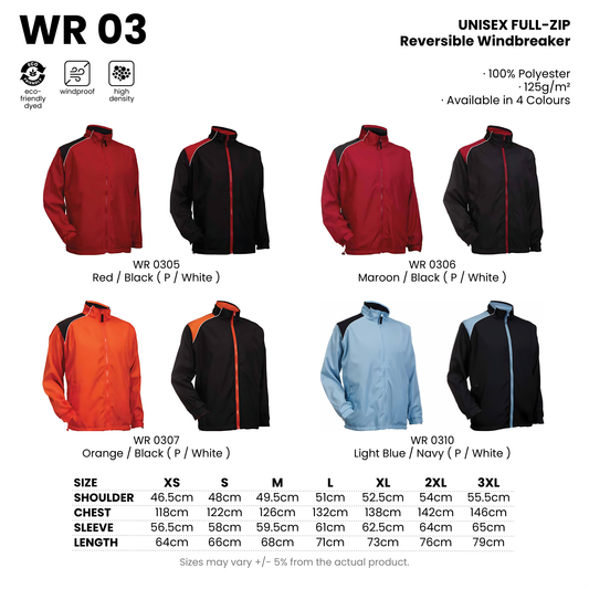WR 03 size chart and all 4 colourways with codes and names