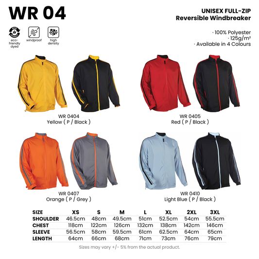 WR 04 size chart and all 4 colourways with codes and names