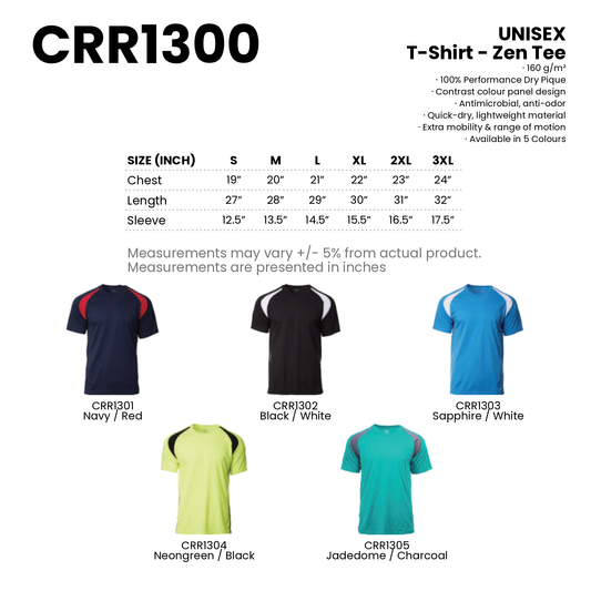 T-Shirt - Zen Tee | Quick-drying | Unisex | 160gsm | CRR1300 | Artiztee | Collection | Size Chart