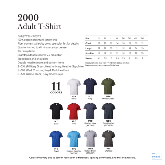 T-Shirt Unisex 203gsm Cotton | 2000 | Artiztee | Collection | Size Chart