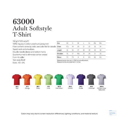 T-Shirt Softstyle 150gsm Unisex 63000 | Artiztee | Collection | Size Chart