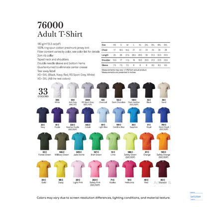 T-Shirt Unisex 180gsm Cotton | 76000 | Artiztee | Collection | Size Chart
