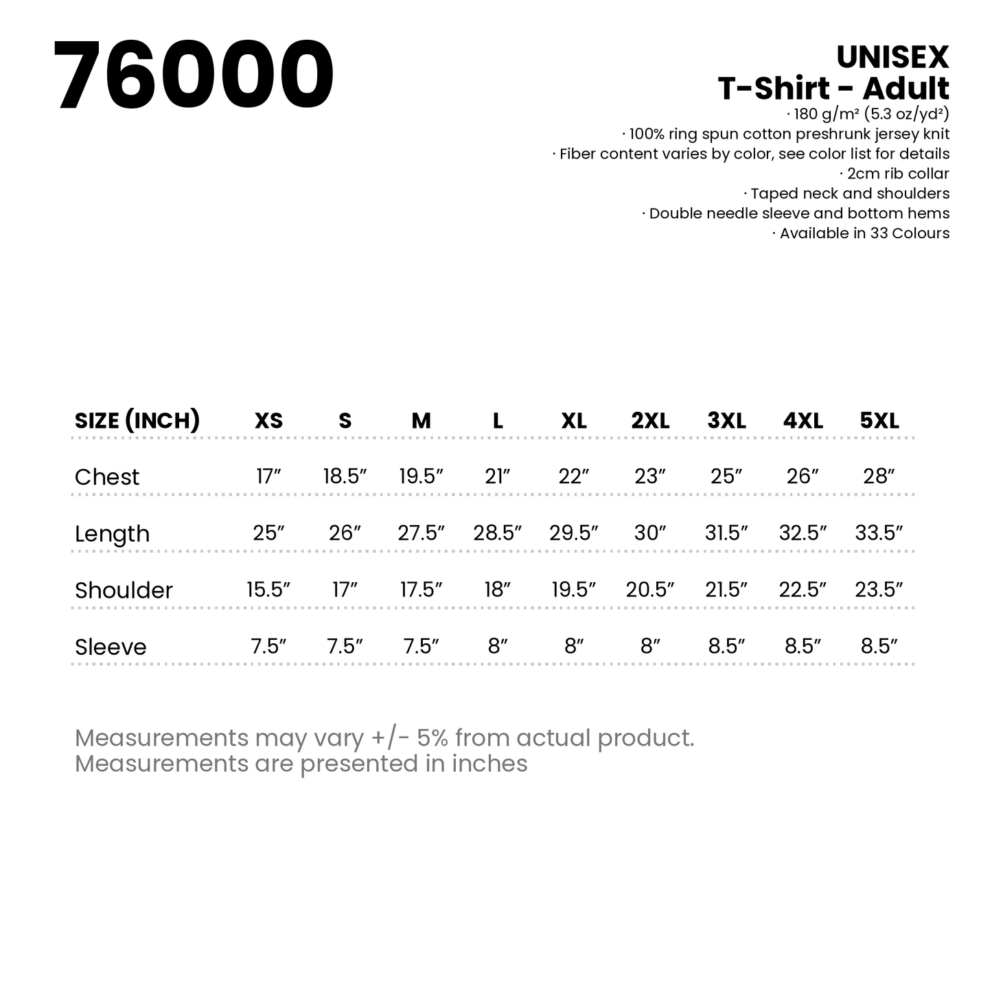 T-Shirt - Adult | Unisex | 180gsm | 76000 | Artiztee | Size Chart