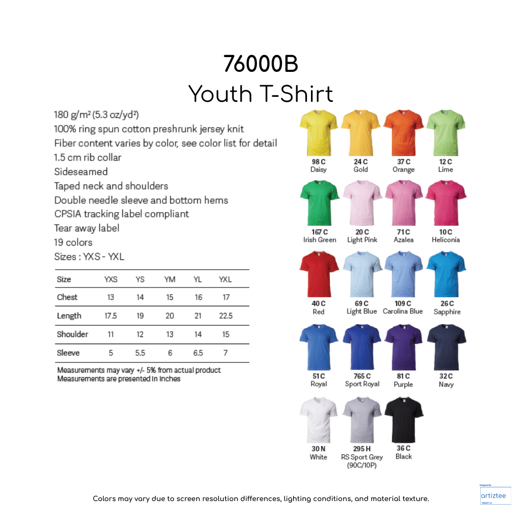 T-Shirt Youth Unisex 180gsm Cotton  76000B | Artiztee | Collection | Size Chart