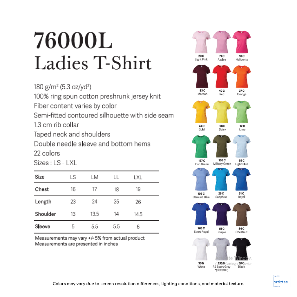 Ladies T-Shirt 180gsm Female | 76000L | Artiztee | Collection | Size Chart