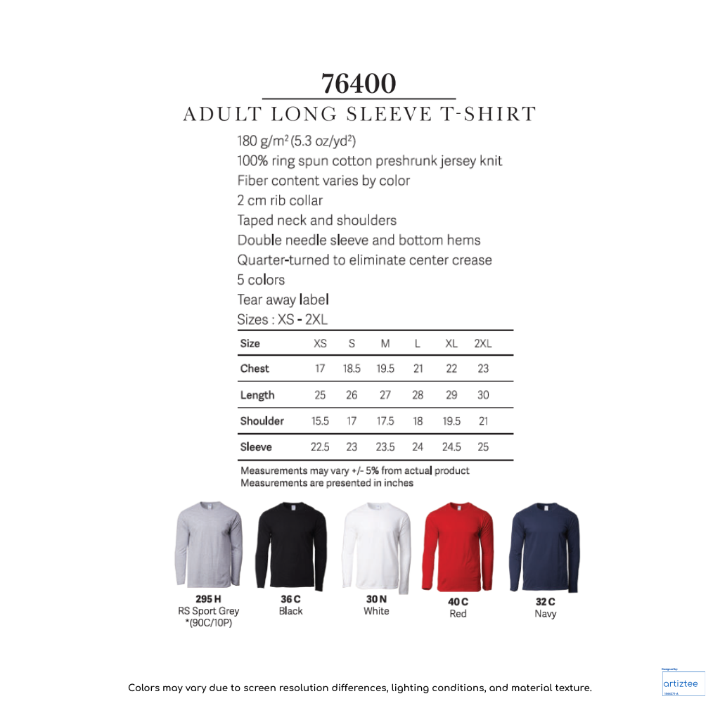 T-Shirt Long Sleeve - Unisex 180gsm T-Shirt 76400 | Artiztee | Collection | Size Chart