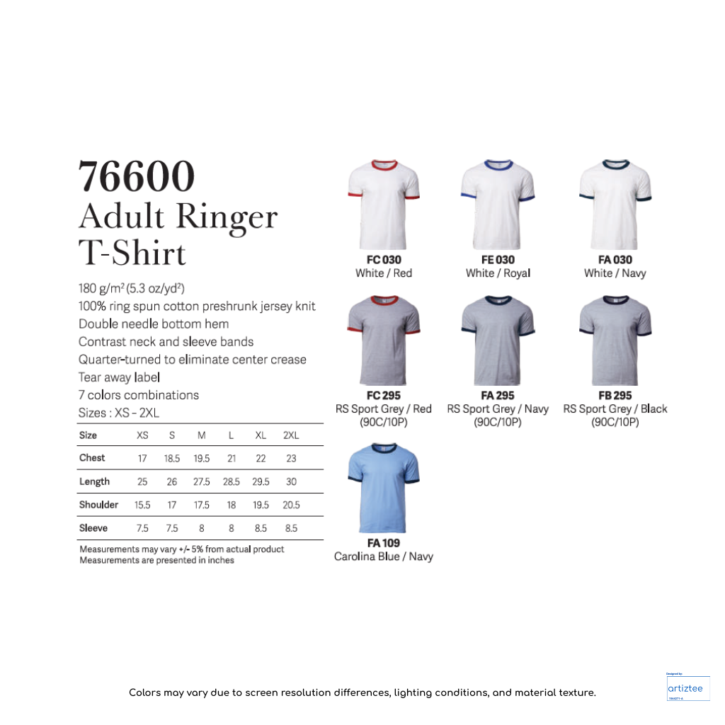 T-Shirt - Adult Ringer | Unisex 180gsm | 76600 | Artiztee | Collection | Size Chart