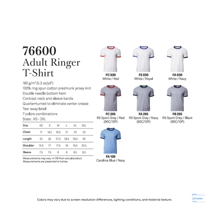 T-Shirt - Adult Ringer | Unisex 180gsm | 76600 | Artiztee | Collection | Size Chart