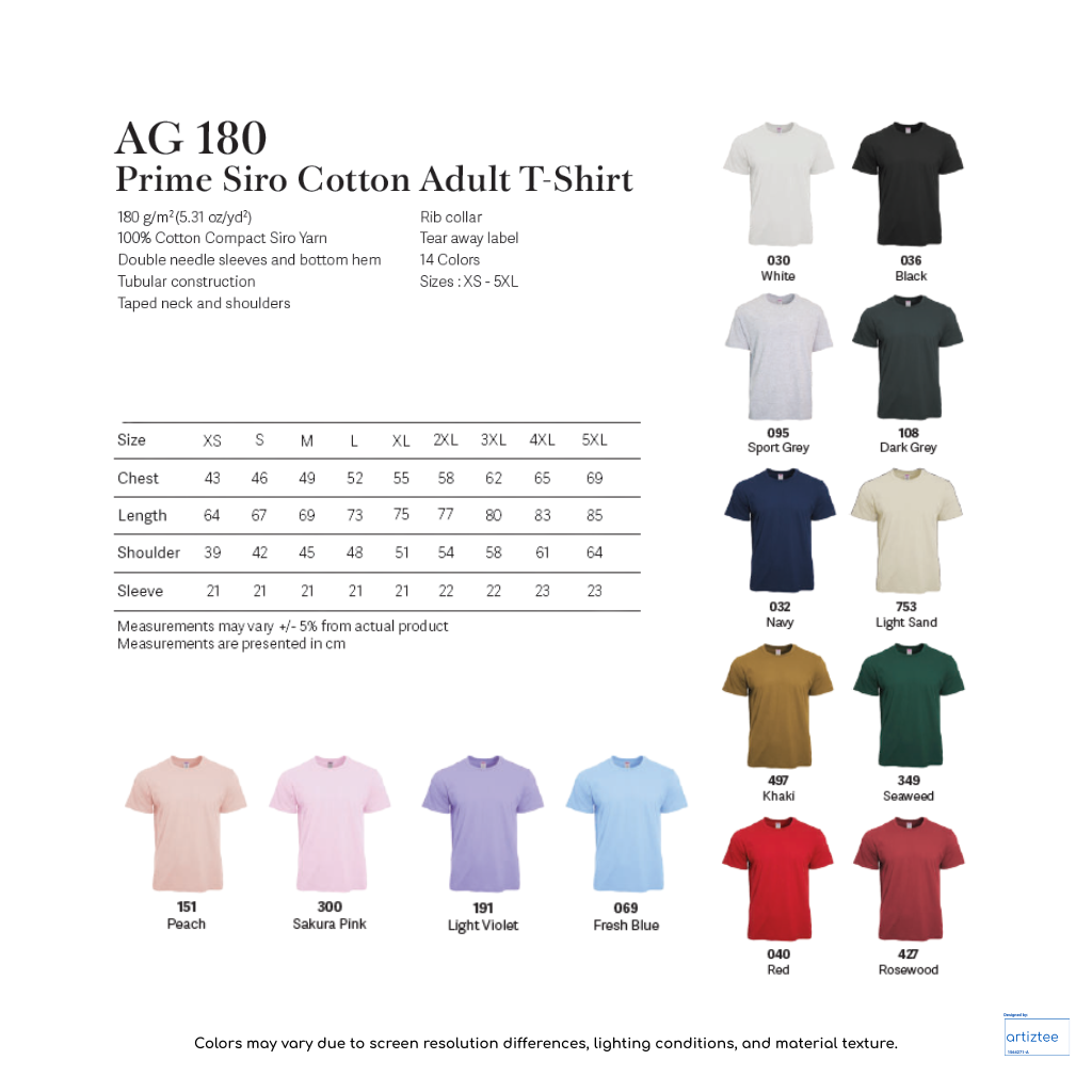 T-shirt - Prime Siro Cotton | Rib-Collar | Unisex | AG 180 | Collection | Size Chart