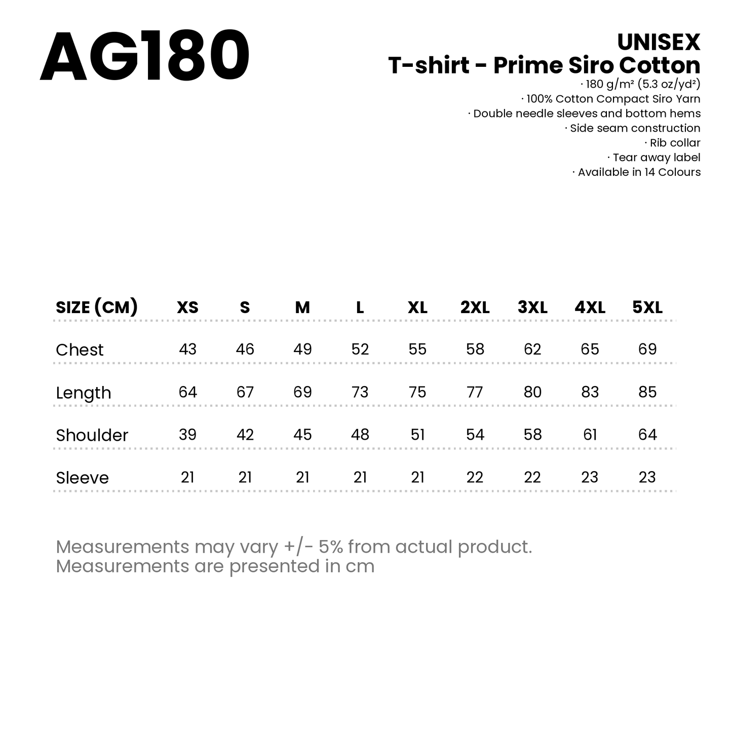 T-shirt - Prime Siro Cotton | Unisex | 180gsm | AG180 | Artiztee | Size Chart