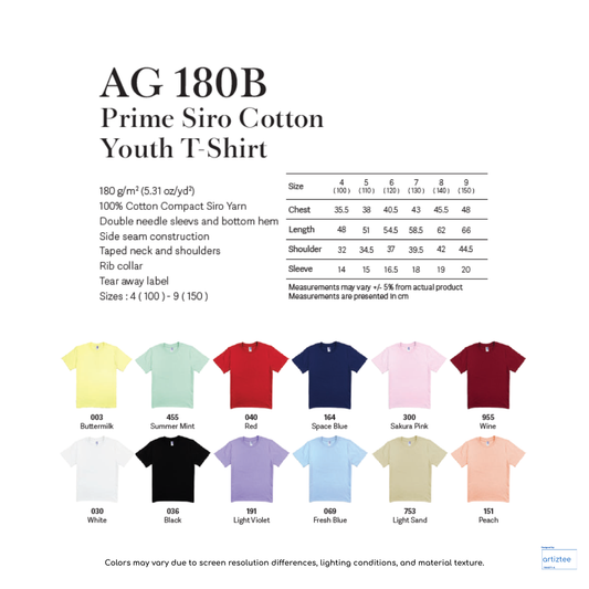 T-Shirt Youth Siro Cotton 180gsm AG180B | Artiztee | Collection | Size Chart