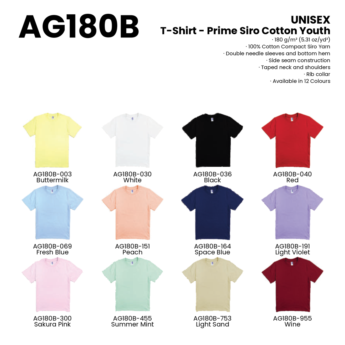 T-Shirt - Prime Siro Cotton Youth | Unisex | 180gsm | AG180B | Artiztee | Collection