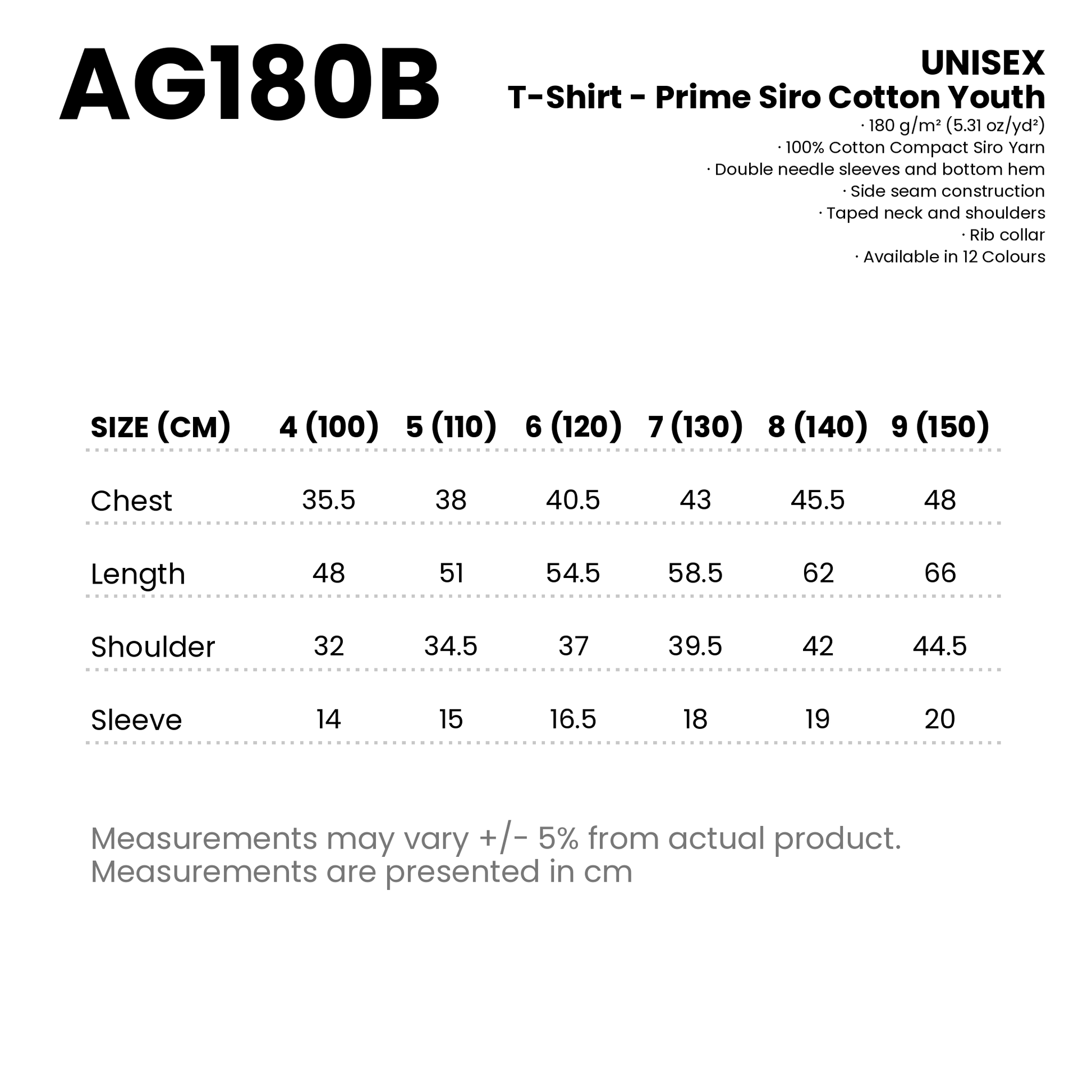 T-Shirt - Prime Siro Cotton Youth | Unisex | 180gsm | AG180B | Artiztee | Size Chart