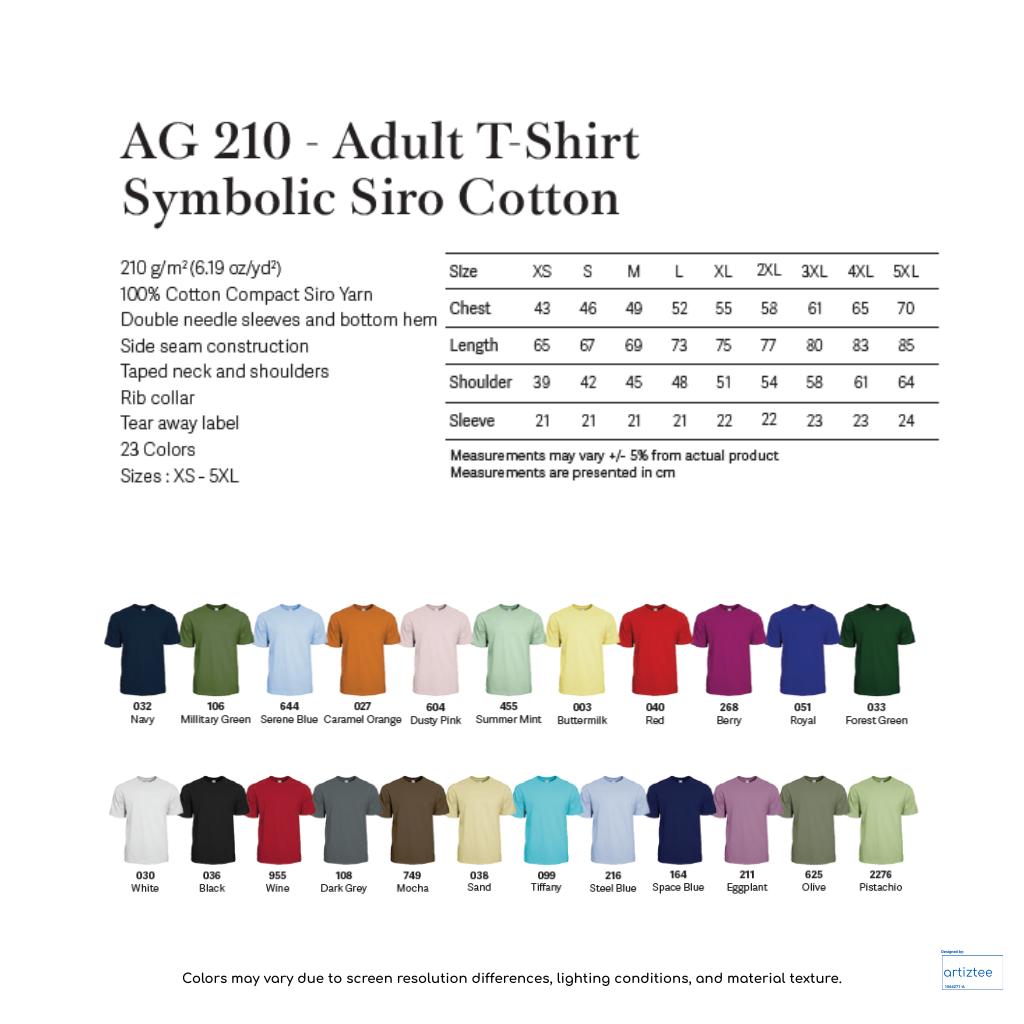 T-Shirt - Symbolic Siro Cotton | Unisex | AG 210 | Artiztee | Collection | Size Chart