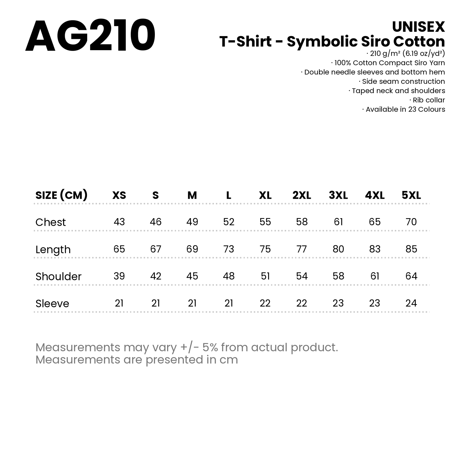 T-Shirt - Symbolic Siro Cotton | Unisex | 210gsm | AG210 | Artiztee | Size Chart