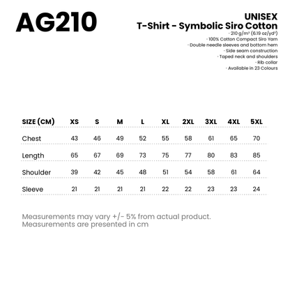 T-Shirt - Symbolic Siro Cotton | Unisex | 210gsm | AG210 | Artiztee | Size Chart