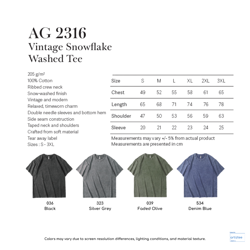 Vintage Snowflake Washed Tee | Unisex Cotton Vintage T-Shirt | AG2316 | Artiztee | Collection | Size Chart