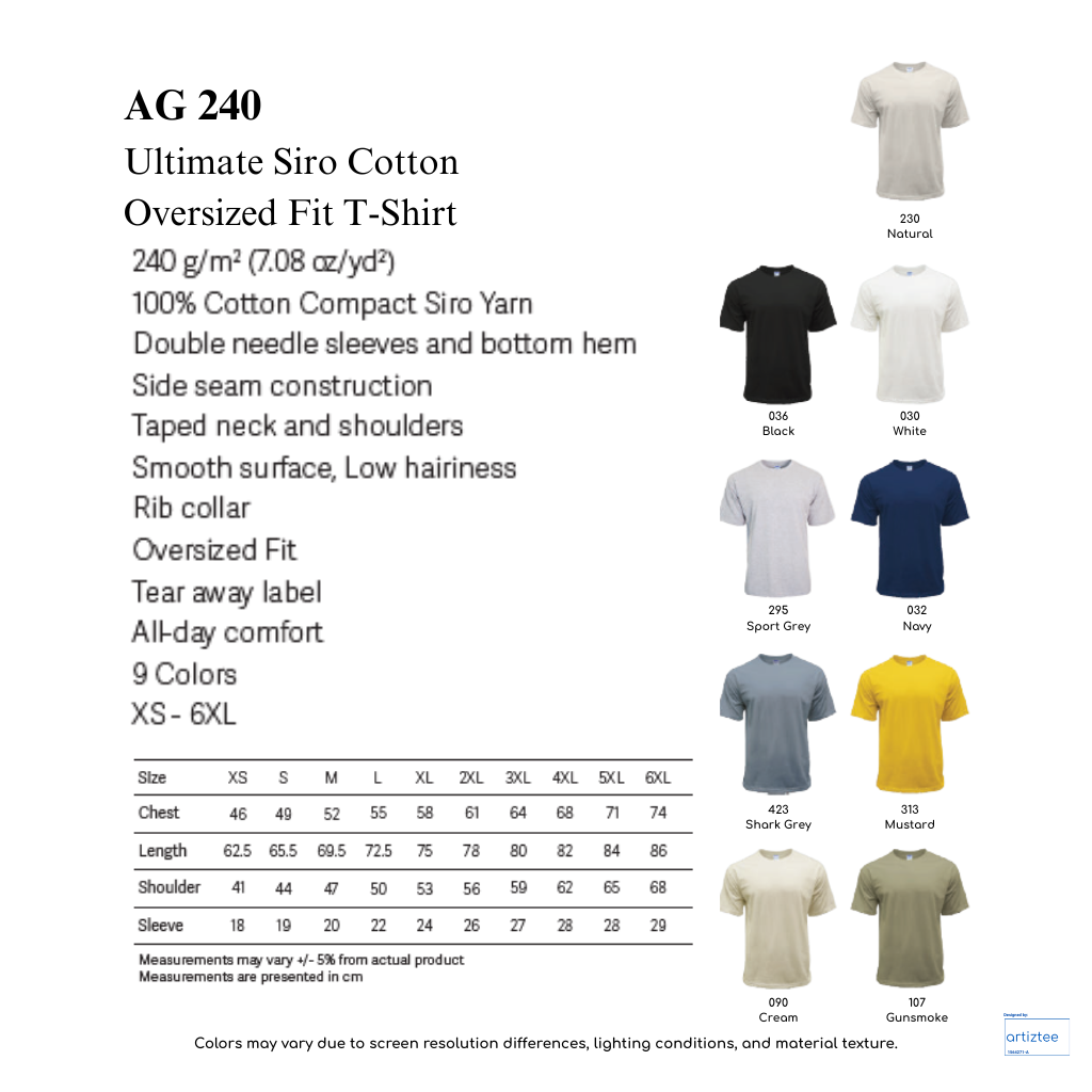 Oversized Fit T-Shirt - Ultimate Siro Cotton | Unisex | AG 240 | Artiztee | Collection | Size Chart