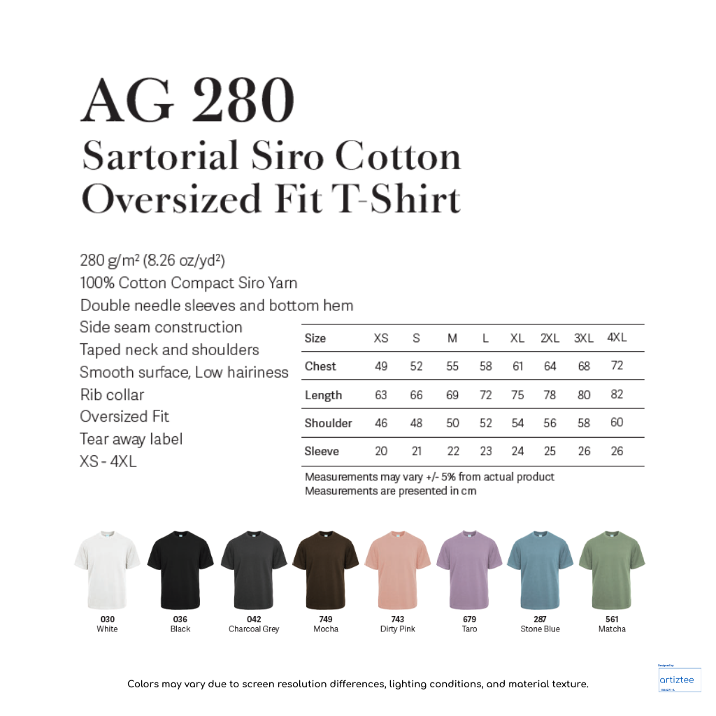 Oversized Fit T-Shirt - Sartorial Siro Cotton | Unisex | AG 280 | Artiztee | Collection | Size Chart