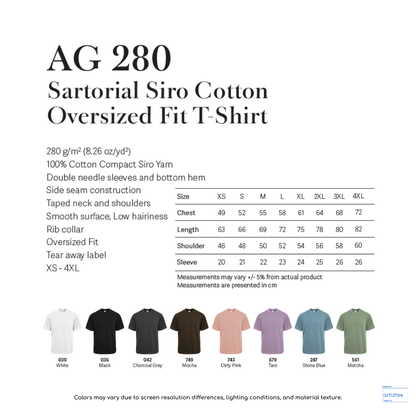 Oversized Fit T-Shirt - Sartorial Siro Cotton | Unisex | AG 280 | Artiztee | Collection | Size Chart