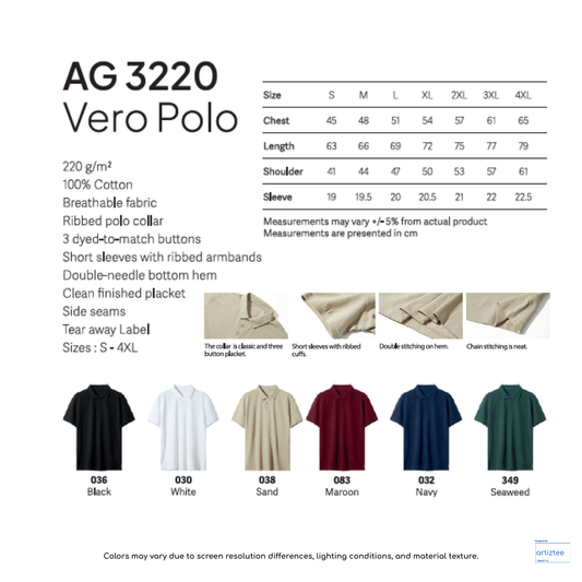 Polo Vero Unisex 220gsm AG3220 Artiztee Collection Size Chart