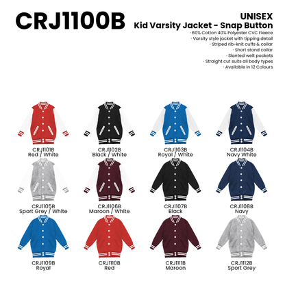 Kid Varsity Jacket - Snap Button | Unisex | CRJ1100B | Artiztee | Collection
