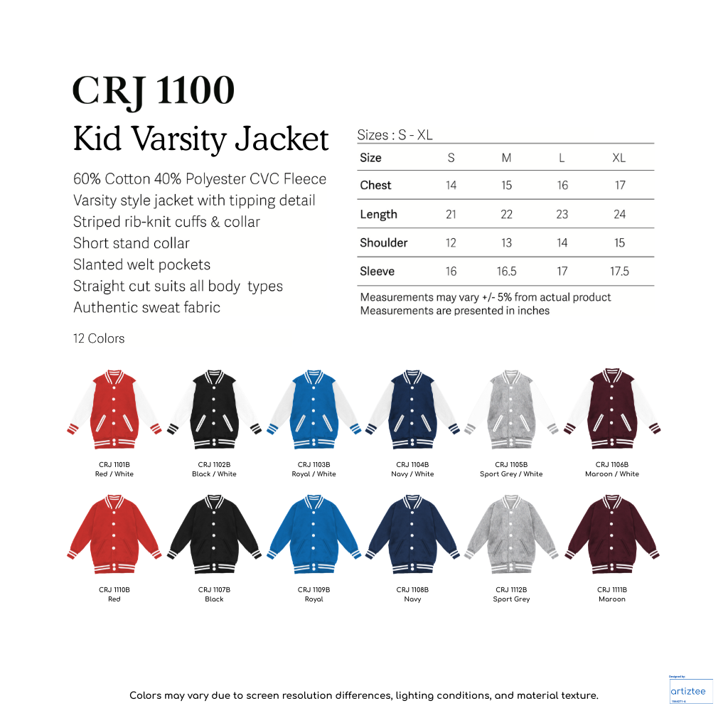 Kid Varsity Jacket Snap Button - Unisex | Collection Size Chart | CRJ1100B | Artiztee