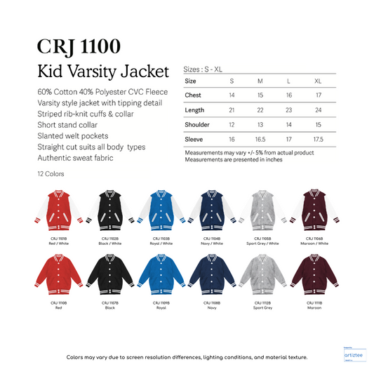 Kid Varsity Jacket Snap Button - Unisex | Collection Size Chart | CRJ1100B | Artiztee