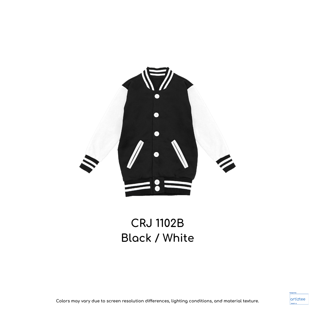 Kid Varsity Jacket Snap Button - Unisex | Black/White | CRJ1102B | Artiztee
