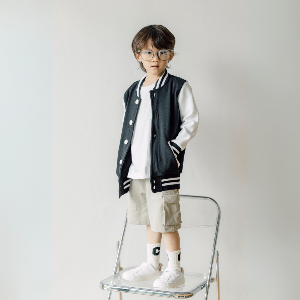 Kid Varsity Jacket Snap Button - Unisex | Navy White Boy Model | CRJ1104B | Artiztee
