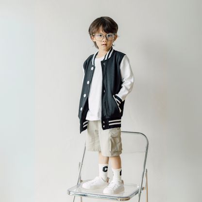 Kid Varsity Jacket Snap Button - Unisex | Navy White Boy Model | CRJ1104B | Artiztee