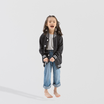 Kid Varsity Jacket Snap Button - Unisex | Navy White Girl Model | CRJ1104B | Artiztee