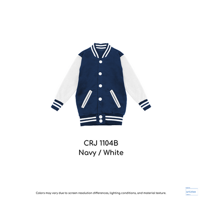 Kid Varsity Jacket Snap Button - Unisex | Navy/White | CRJ1104B | Artiztee