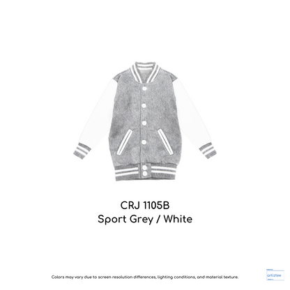 Kid Varsity Jacket Snap Button - Unisex | Sport Grey/White | CRJ1105B | Artiztee