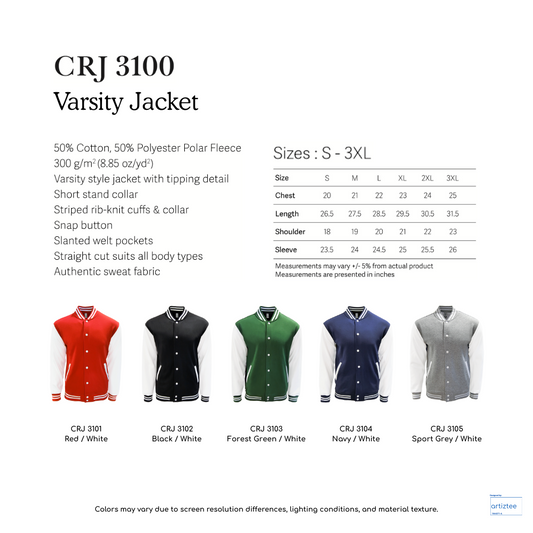 Varsity Jacket Snap Button - Unisex | CRJ3100 | Colleciton | Size Chart | Artiztee