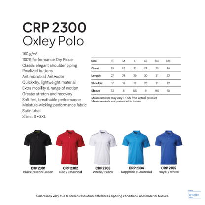 Polo Oxley Unisex 160gsm CRP2300 Artiztee Collection Size Chart